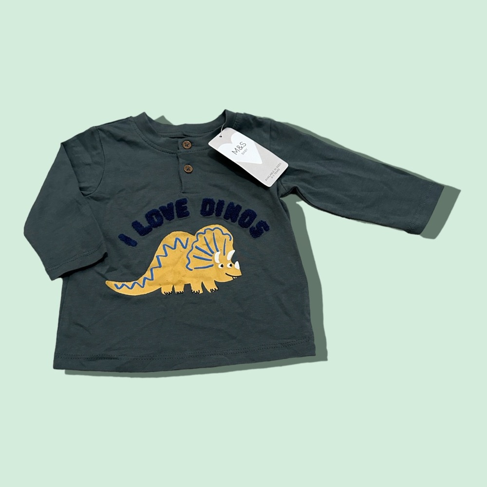 NWT M&S Baby 3-6 Mon Long Sleeve I Love Dinos Triceratops Shirt